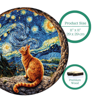 Yetişkinler İçin Ahşap Puzzle, Yıldızlı Gecenin Altındaki Kedi Premium Puzzle, 252 Parça Zorlu Ahşap Yapboz, 11,4"x11,4" (29x29 cm) Benzersiz Şekil, Yetişkinler İçin Ahşap Yapboz