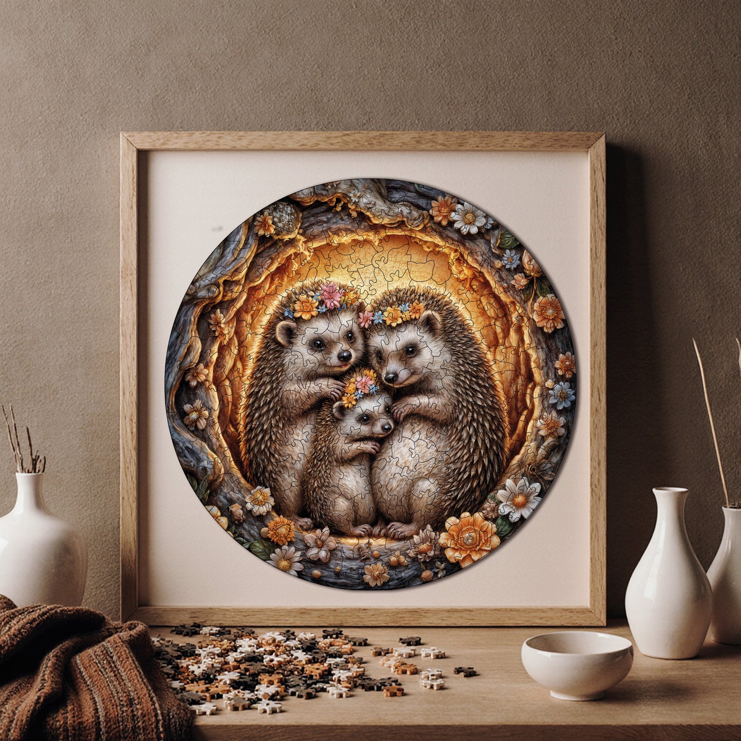 Wooden Puzzles for Adults, The Hedgehog Family Premium Jigsaw Puzzles, 252 Pieces Challenging Wooden Jigsaw, 11,4"x11,4" (29x29 cm)