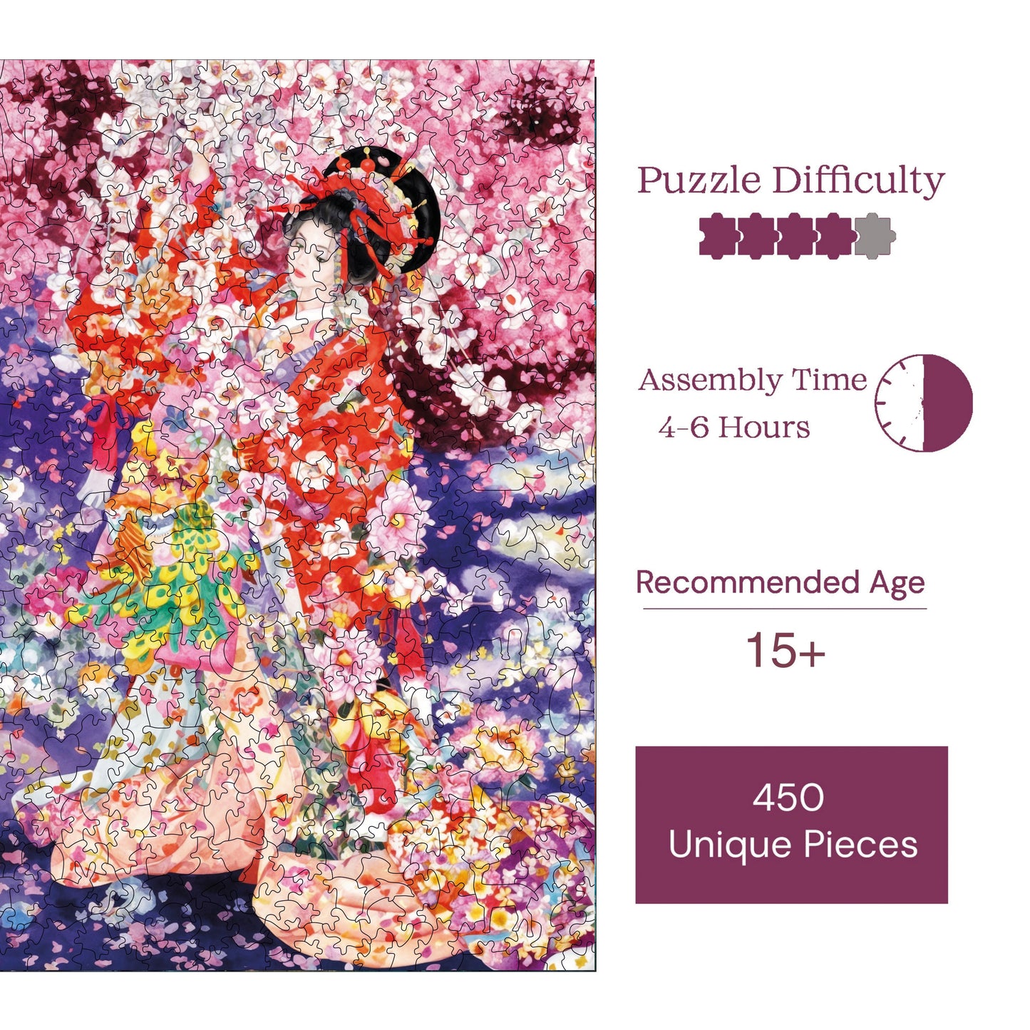 Wooden Puzzles for Adults, Dance of Sakura Premium Jigsaw Puzzles, 450 Pieces Challenging Wooden Jigsaw, 11,4"x15,4" (29x39 cm)