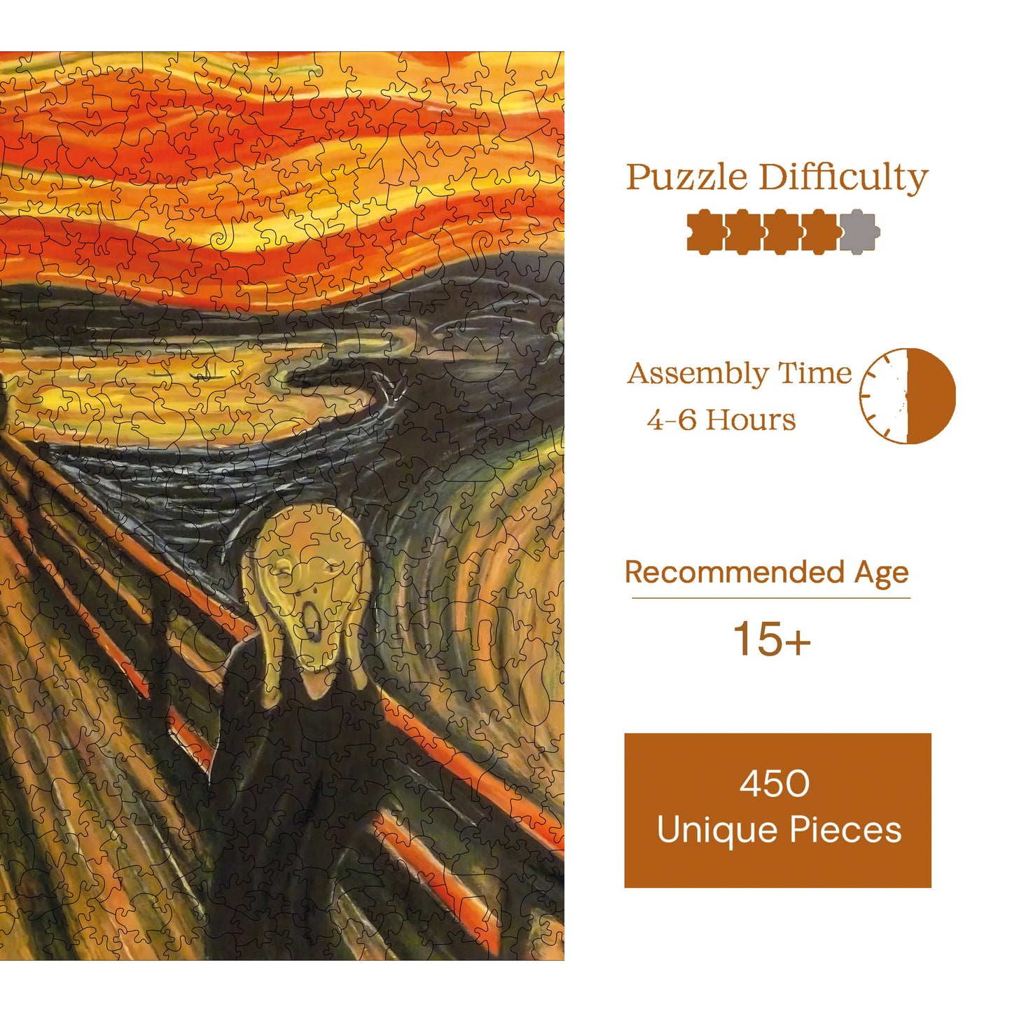 Wooden Puzzles for Adults, The Scream Premium Jigsaw Puzzles, 450 Pieces Challenging Wooden Jigsaw, 11,4"x15,4" (29x39 cm)