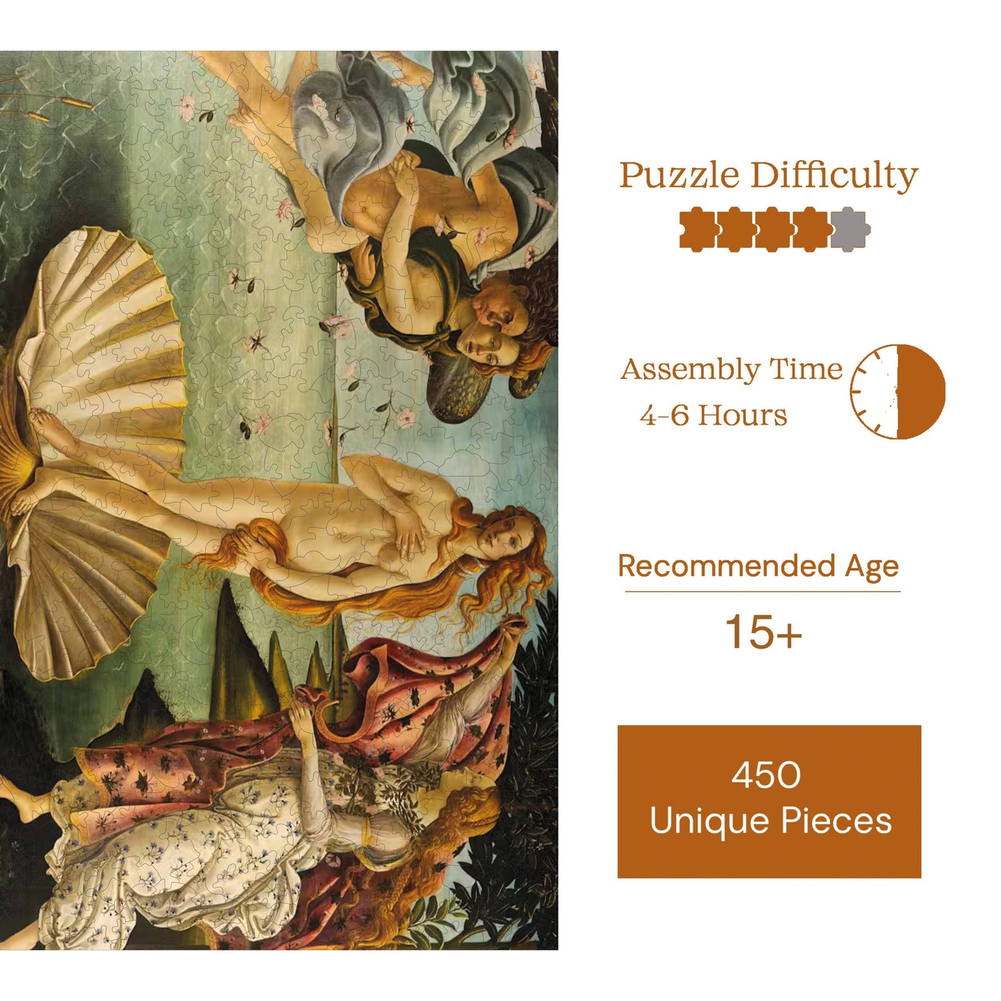 Wooden Puzzles for Adults, The Birth of Venus Premium Jigsaw Puzzles, 450 Pieces Challenging Wooden Jigsaw, 11,4"x15,4" (29x39 cm)