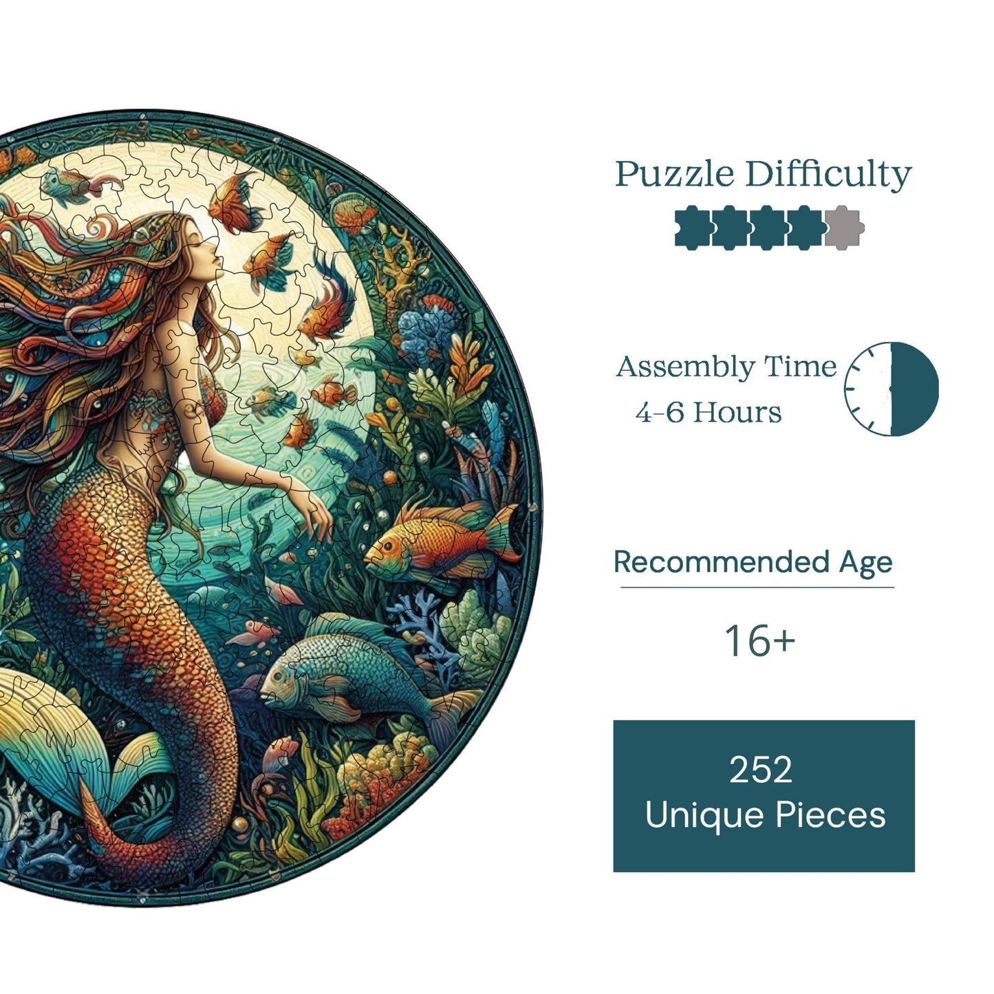 Holzpuzzle für Erwachsene, The Mermaid's Song Premium Puzzle, 252 Teile anspruchsvolles Holzpuzzle, 11,4"x11,4" (29x29 cm) einzigartige Form, Holzpuzzle für Erwachsene