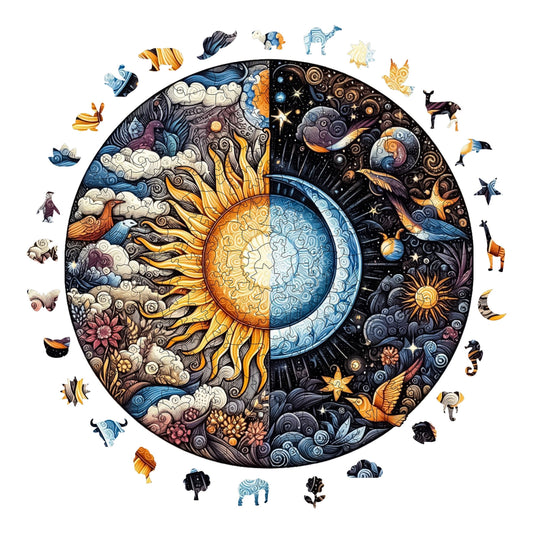 Yetişkinler İçin Ahşap Puzzle, Gündüz ve Gece Premium Puzzle, 252 Parça Zorlu Ahşap Yapboz, 11,4"x11,4" (29x29 cm) Benzersiz Şekil, Yetişkinler İçin Ahşap Yapboz