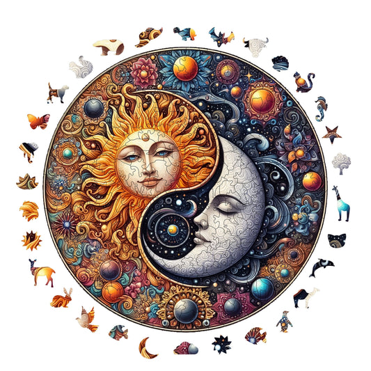 Yetişkinler İçin Ahşap Puzzle, Güneş ve Ayın Dansı Premium Puzzle, 252 Parça Zorlu Ahşap Yapboz, 11,4"x11,4" (29x29 cm) Benzersiz Şekil, Yetişkinler İçin Ahşap Yapbozlar