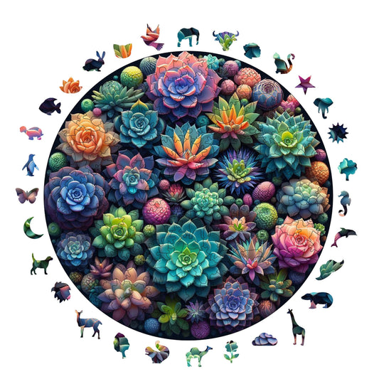 Yetişkinler İçin Ahşap Puzzle, Sukulent Bahçesi Premium Puzzle, 252 Parça Zorlu Ahşap Yapboz, 11,4"x11,4" (29x29 cm) Benzersiz Şekil, Yetişkinler İçin Ahşap Yapboz