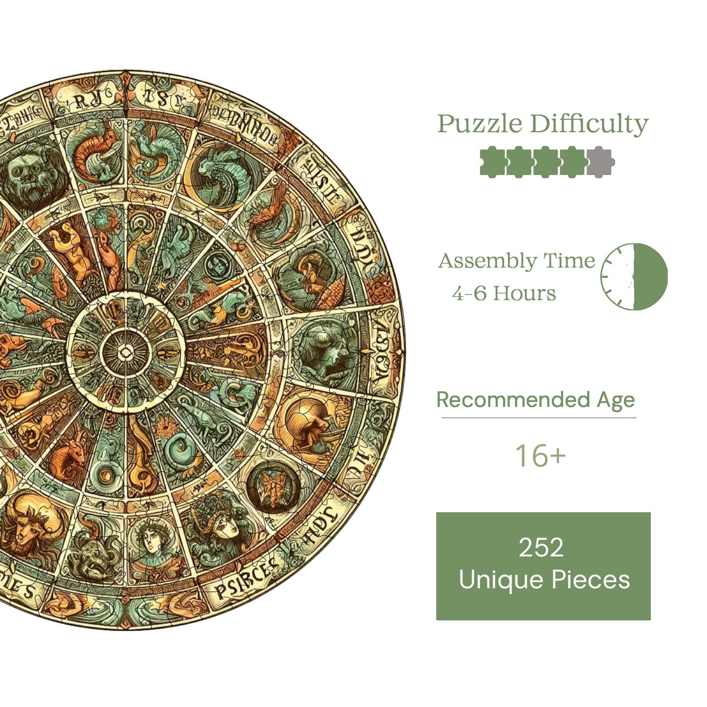 Holzpuzzle für Erwachsene, Antikes Tierkreisrad, Premium-Puzzle, 252 Teile, anspruchsvolles Holzpuzzle, 29 x 29 cm, einzigartige Form, Holzpuzzle für Erwachsene