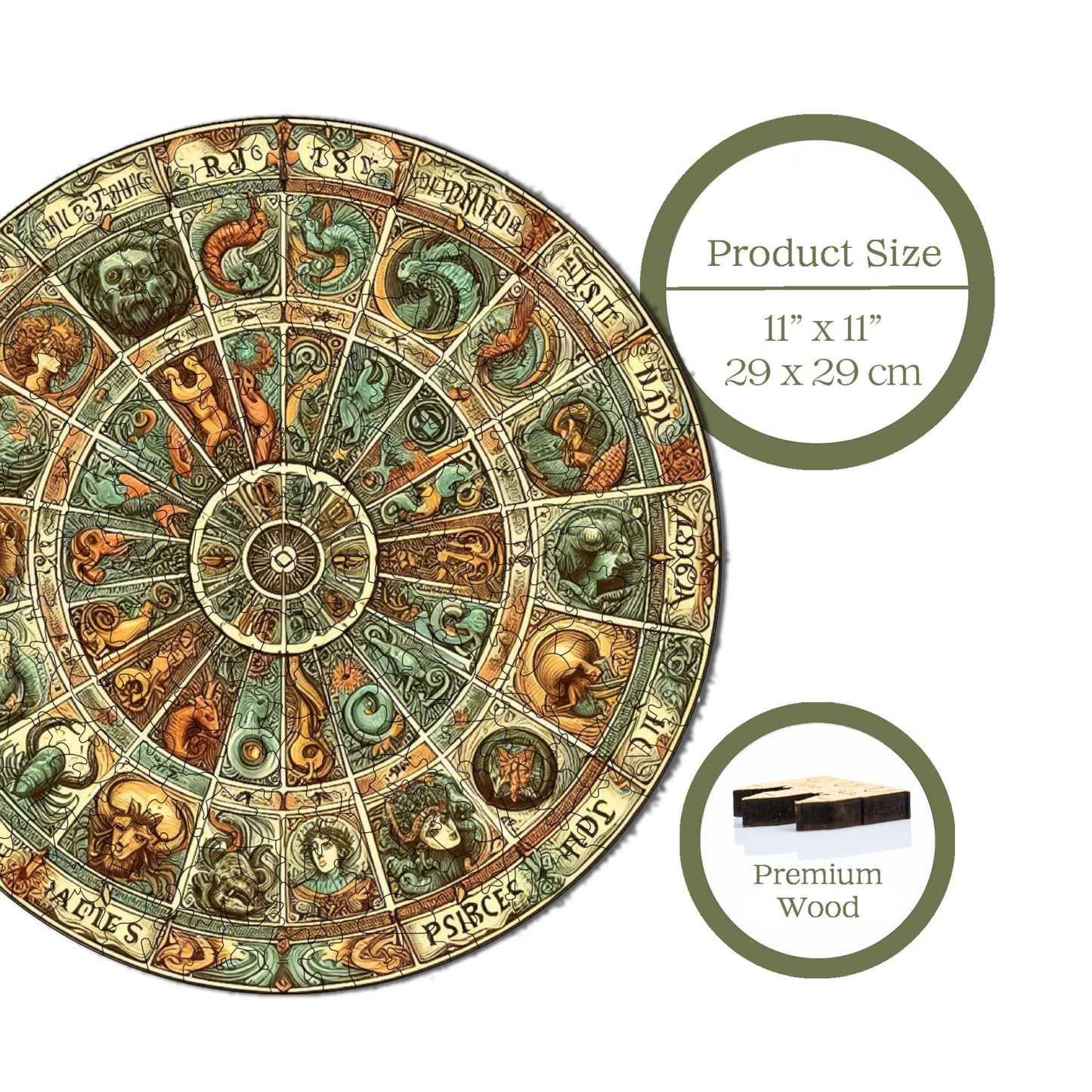 Holzpuzzle für Erwachsene, Antikes Tierkreisrad, Premium-Puzzle, 252 Teile, anspruchsvolles Holzpuzzle, 29 x 29 cm, einzigartige Form, Holzpuzzle für Erwachsene