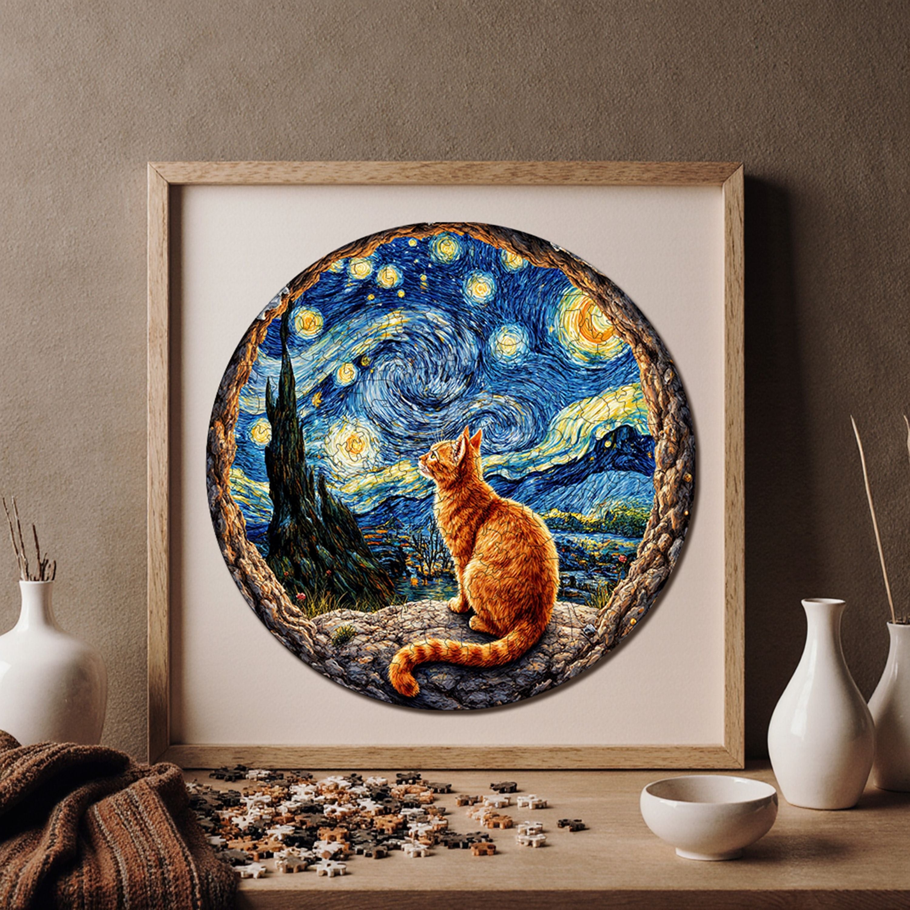 Yıldızlı Gecenin Altındaki Kedi - Ahşap Puzzle