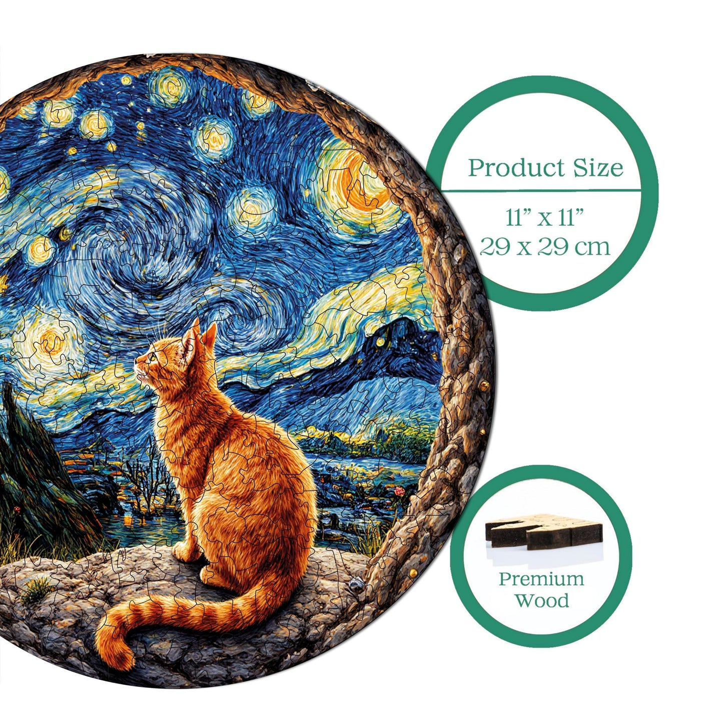 Holzpuzzle für Erwachsene, Katze unter der Sternennacht, Premium-Puzzle, 252 Teile, anspruchsvolles Holzpuzzle, 29 x 29 cm