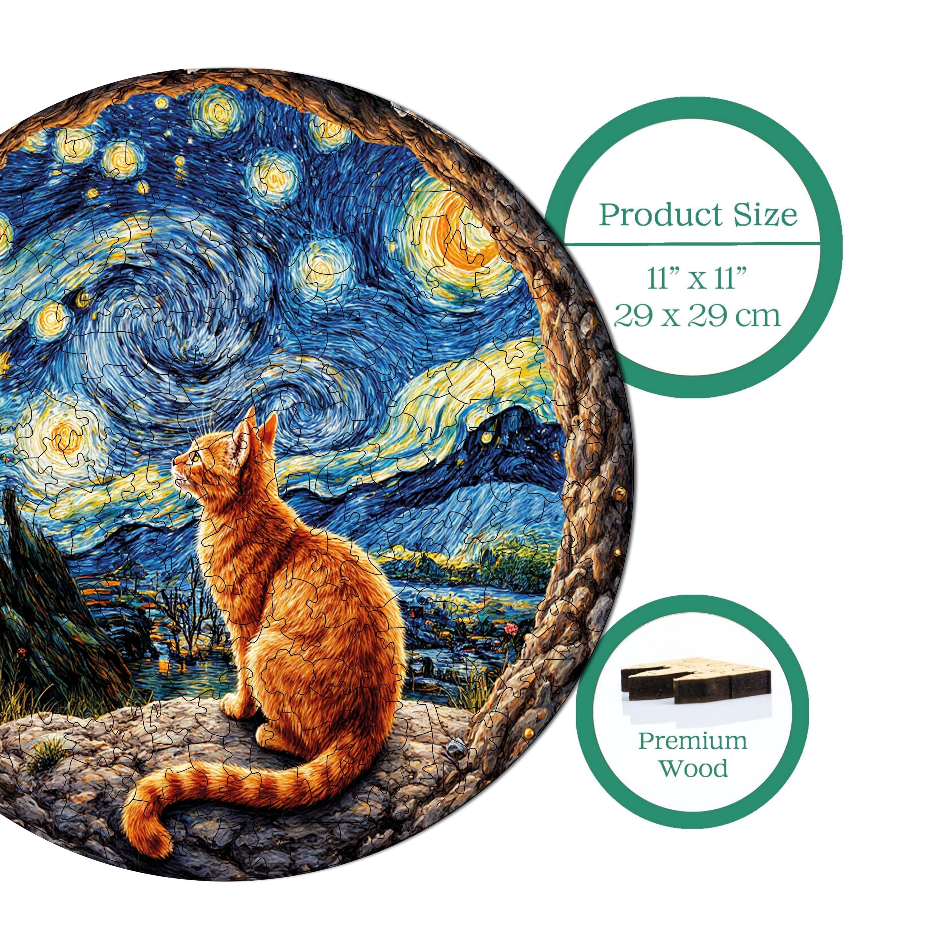 Yıldızlı Gecenin Altındaki Kedi - Ahşap Puzzle