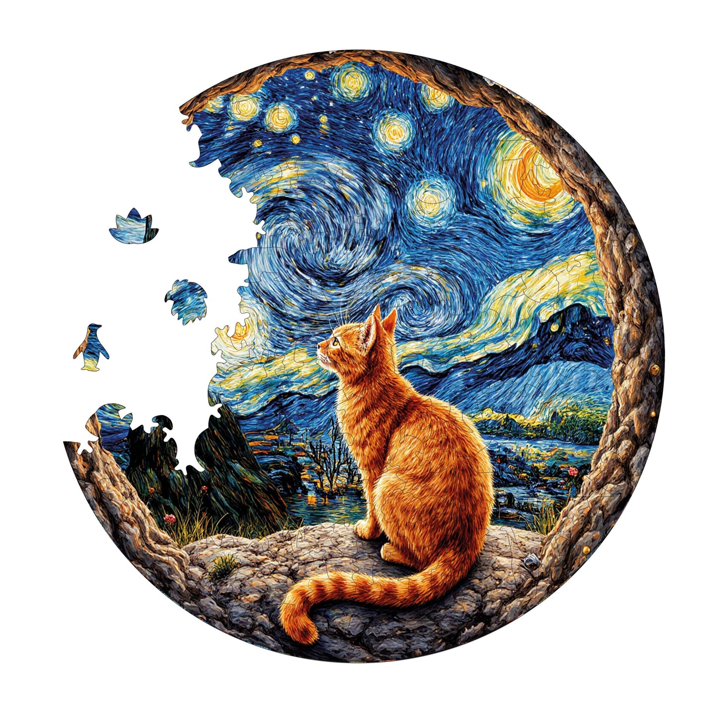 Holzpuzzle für Erwachsene, Katze unter der Sternennacht, Premium-Puzzle, 252 Teile, anspruchsvolles Holzpuzzle, 29 x 29 cm