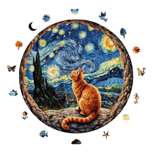 Yetişkinler İçin Ahşap Puzzle, Yıldızlı Gecenin Altındaki Kedi Premium Puzzle, 252 Parça Zorlu Ahşap Yapboz, 11,4"x11,4" (29x29 cm) Benzersiz Şekil, Yetişkinler İçin Ahşap Yapboz