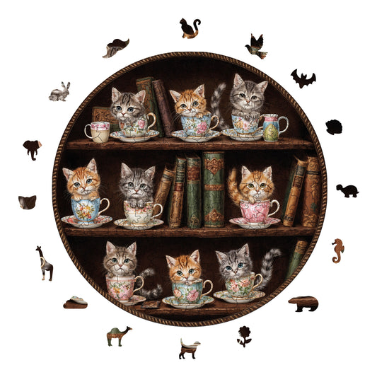 Yetişkinler İçin Ahşap Puzzle, Miyavlı Çay Saati Premium Puzzle, 252 Parça Zorlu Ahşap Yapboz, 11,4"x11,4" (29x29 cm) Benzersiz Şekil, Yetişkinler İçin Ahşap Yapboz