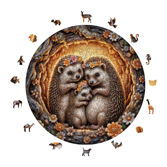 Yetişkinler İçin Ahşap Puzzle, Kirpi Ailesi Premium Puzzle, 252 Parça Zorlu Ahşap Yapboz, 11,4"x11,4" (29x29 cm) Benzersiz Şekil, Yetişkinler İçin Ahşap Yapboz