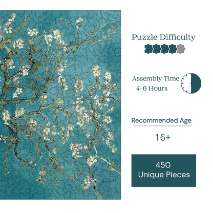 Holzpuzzle für Erwachsene, Van Gogh Mandelbaum Premium Puzzle, 450 Teile anspruchsvolles Holzpuzzle, 11,4"x15,4" (29x39 cm) einzigartige Form, Holzpuzzle für Erwachsene