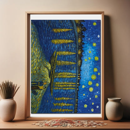 Holzpuzzle für Erwachsene, Van Gogh Eine Sternennacht am Rhein Premium-Puzzle, 450 Teile anspruchsvolles Holzpuzzle, 11,4"x15,4" (29x39 cm) einzigartige Form, Holzpuzzle für Erwachsene
