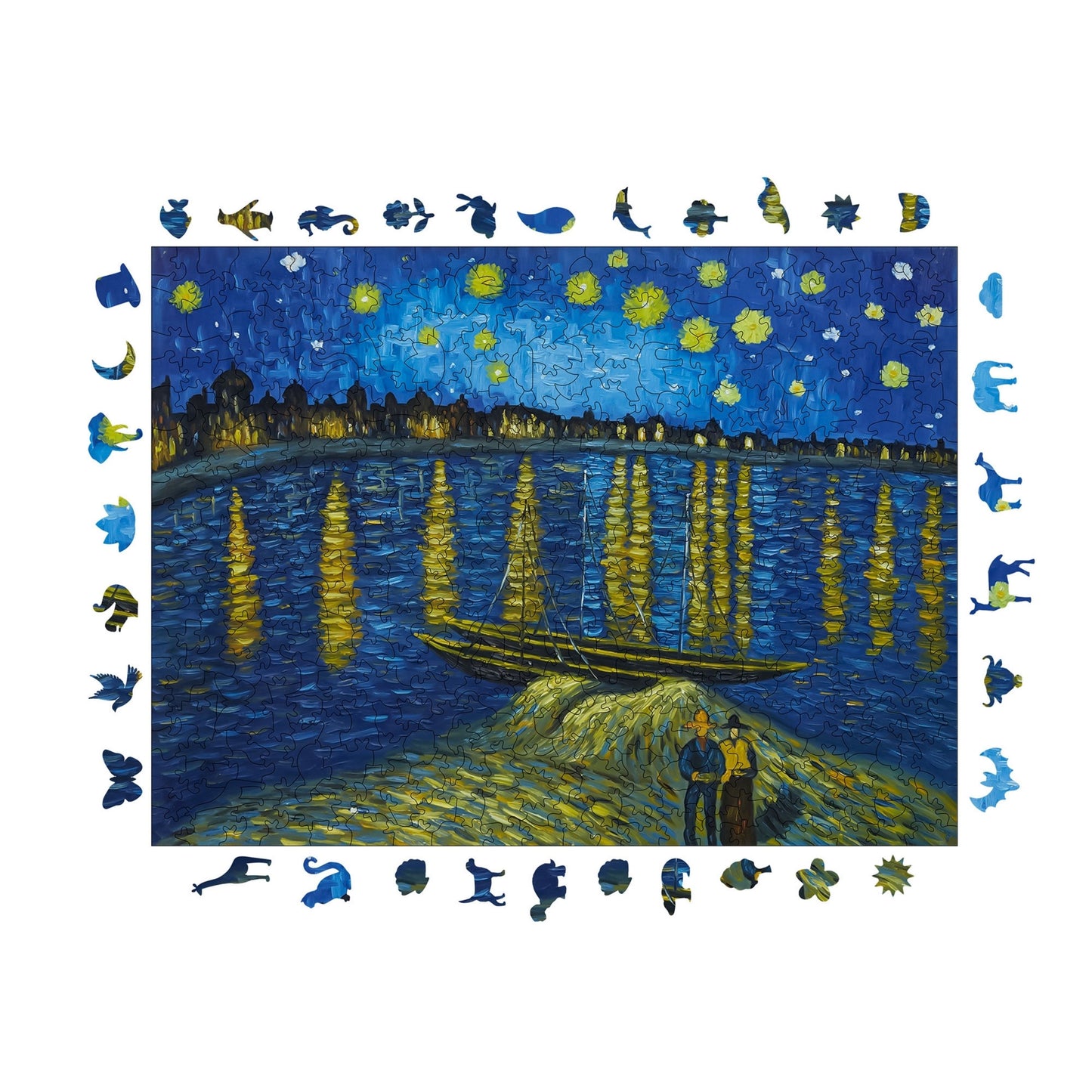 Holzpuzzle für Erwachsene, Van Gogh Eine Sternennacht am Rhein Premium-Puzzle, 450 Teile anspruchsvolles Holzpuzzle, 11,4"x15,4" (29x39 cm) einzigartige Form, Holzpuzzle für Erwachsene