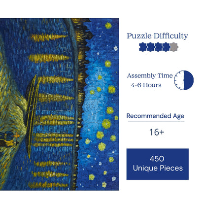 Holzpuzzle für Erwachsene, Van Gogh Eine Sternennacht am Rhein Premium-Puzzle, 450 Teile anspruchsvolles Holzpuzzle, 11,4"x15,4" (29x39 cm) einzigartige Form, Holzpuzzle für Erwachsene