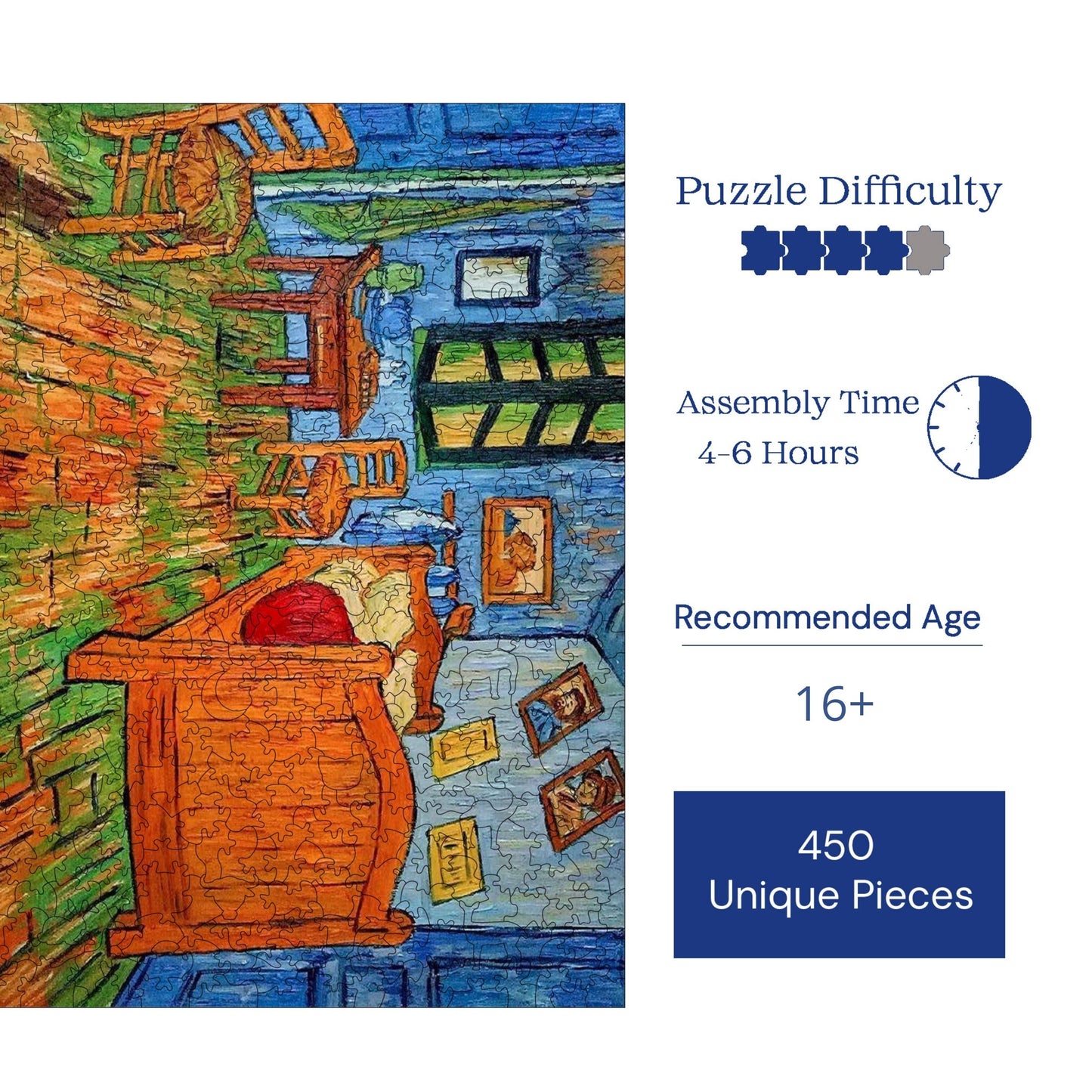 Holzpuzzle für Erwachsene, Van Goghs Schlafzimmer in Arles, Premium-Puzzle, 450 Teile, anspruchsvolles Holzpuzzle, 29 x 39 cm, einzigartige Form, Holzpuzzle für Erwachsene