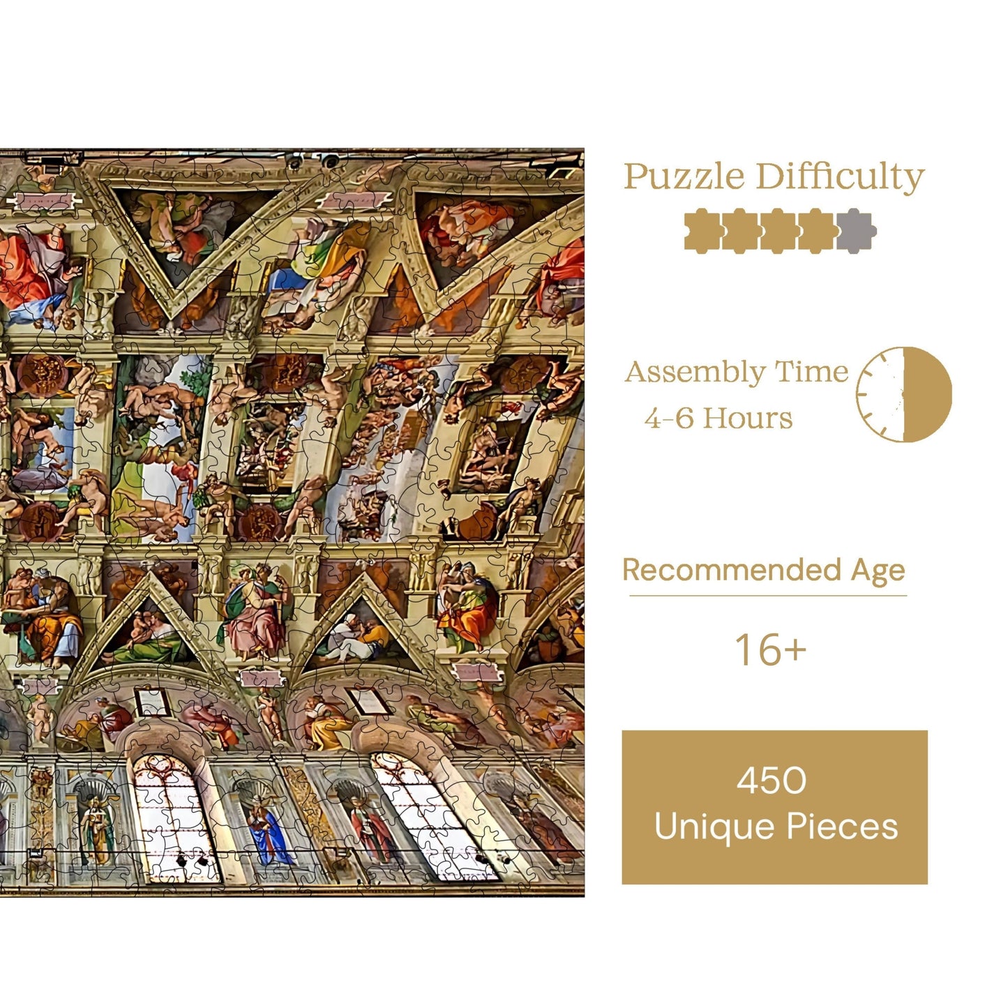 Holzpuzzle für Erwachsene, Sixtinische Kapelle, Premium-Puzzle, 450 Teile, anspruchsvolles Holzpuzzle, 29 x 39 cm, einzigartige Form, Holzpuzzle für Erwachsene