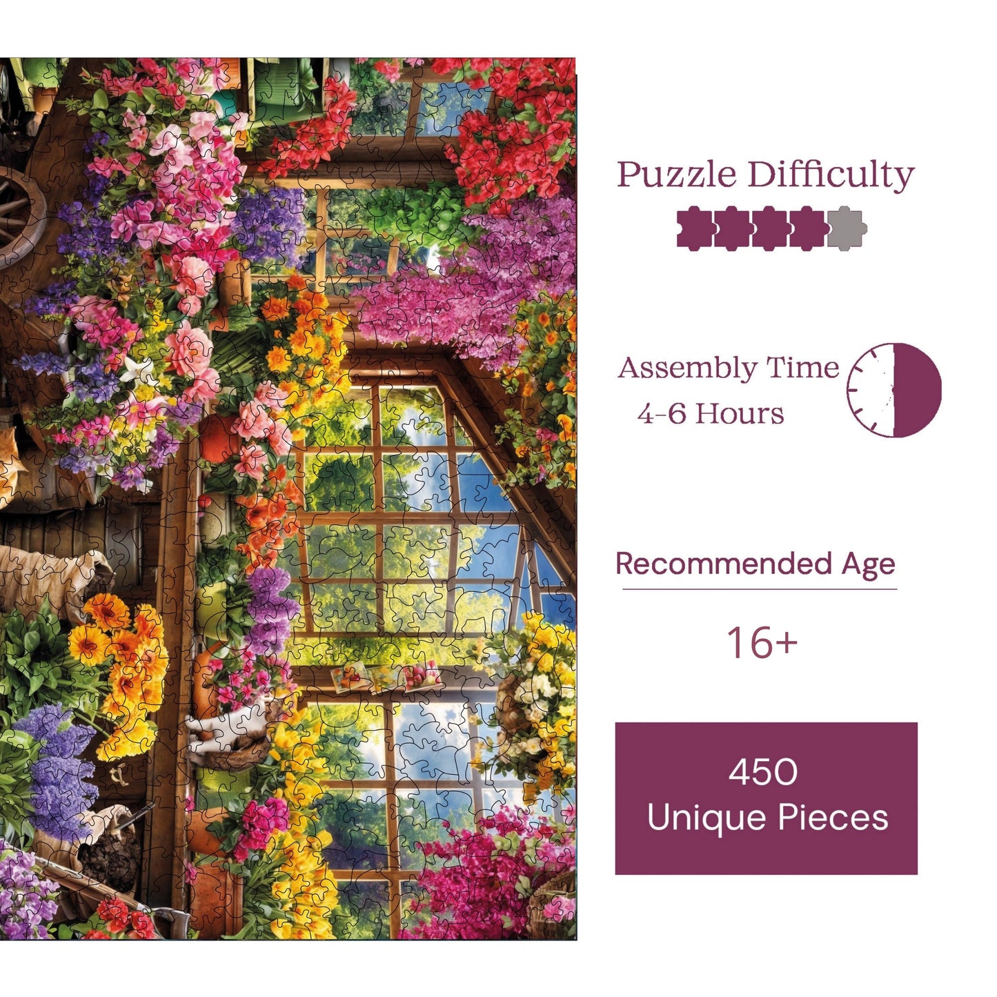 Holzpuzzle für Erwachsene, Blumengewächshaus-Premium-Puzzle, 450 Teile, anspruchsvolles Holzpuzzle, 29 x 39 cm