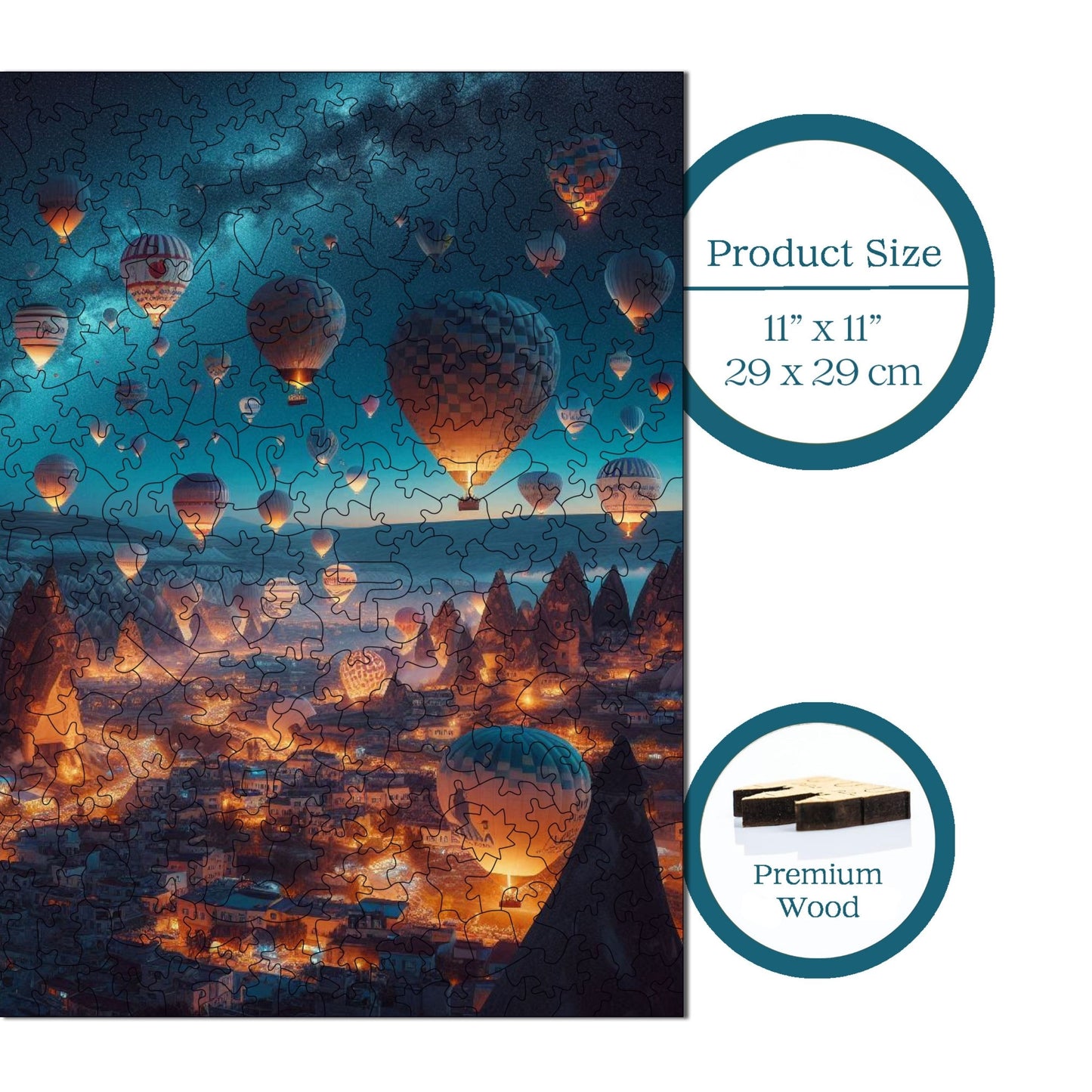Holzpuzzle für Erwachsene, Magische Ballons von Kappadokien, Premium-Puzzle, 353 Teile, anspruchsvolles Holzpuzzle, 11,4"x11,4" (29x29 cm), einzigartige Form, Holzpuzzle für Erwachsene