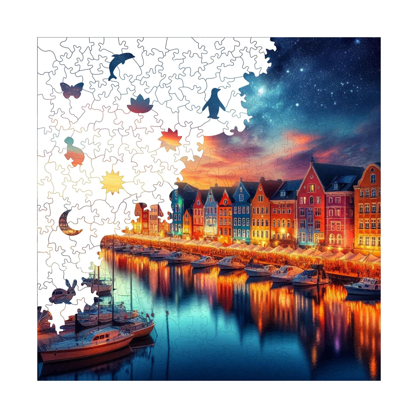 Holzpuzzle für Erwachsene, Peaceful Harbor View Premium Puzzle, 353 Teile anspruchsvolles Holzpuzzle, 11,4"x11,4" (29x29 cm) einzigartige Form, Holzpuzzle für Erwachsene