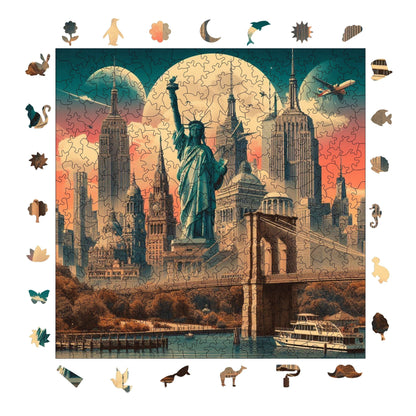Holzpuzzle für Erwachsene, Kultige New York Premium Puzzles, 353 Teile anspruchsvolles Holzpuzzle, 11,4"x11,4" (29x29 cm) einzigartige Form, Holzpuzzles für Erwachsene