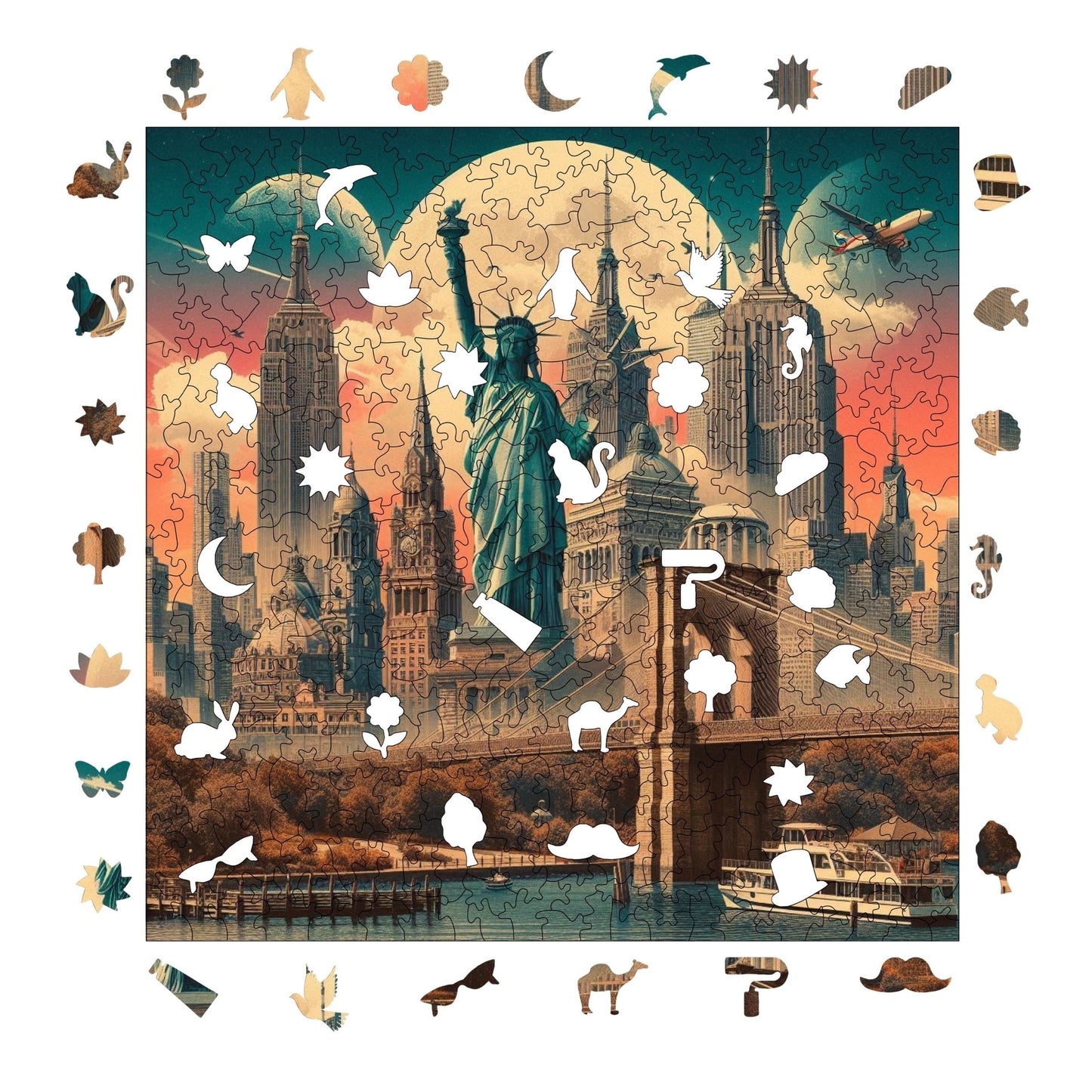 Holzpuzzle für Erwachsene, Kultige New York Premium Puzzles, 353 Teile anspruchsvolles Holzpuzzle, 11,4"x11,4" (29x29 cm) einzigartige Form, Holzpuzzles für Erwachsene
