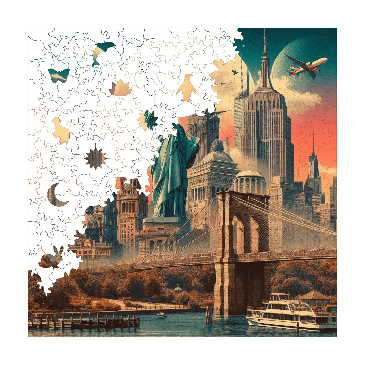 Holzpuzzle für Erwachsene, Kultige New York Premium Puzzles, 353 Teile anspruchsvolles Holzpuzzle, 11,4"x11,4" (29x29 cm) einzigartige Form, Holzpuzzles für Erwachsene