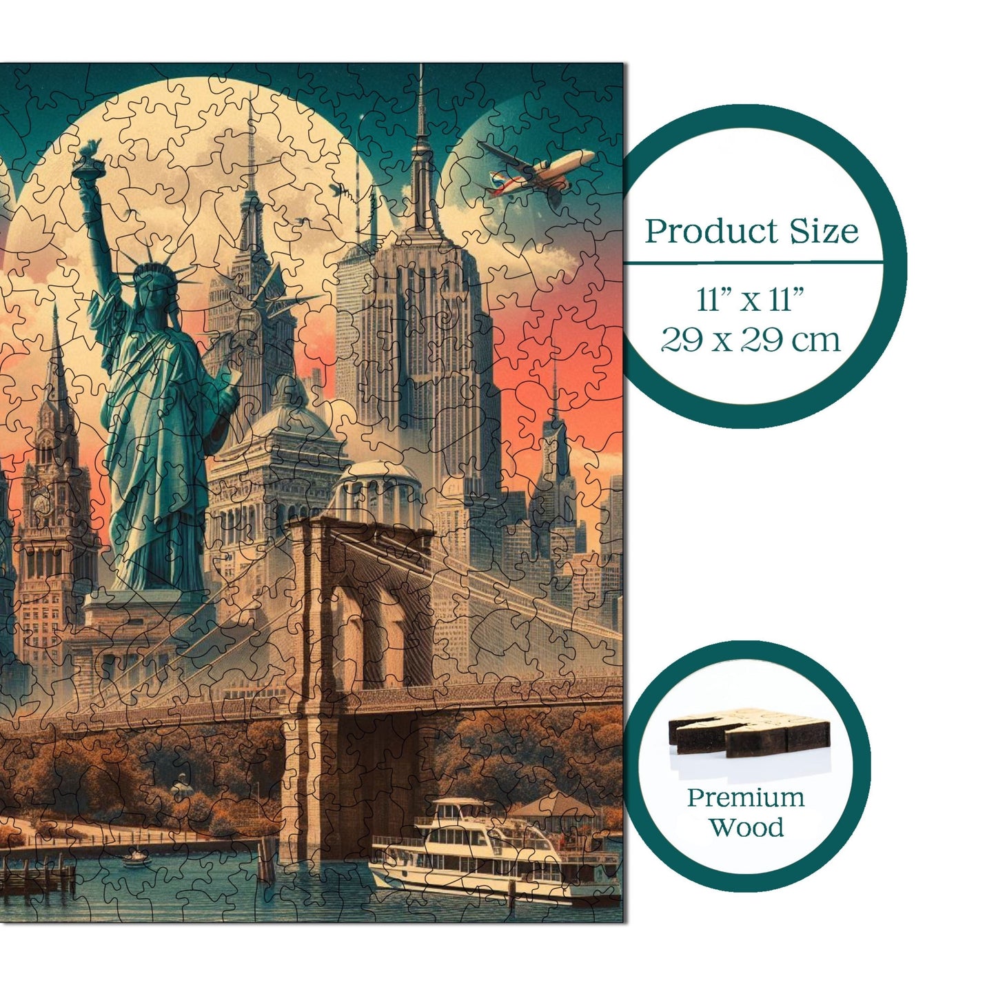 Holzpuzzle für Erwachsene, Kultige New York Premium Puzzles, 353 Teile anspruchsvolles Holzpuzzle, 11,4"x11,4" (29x29 cm) einzigartige Form, Holzpuzzles für Erwachsene