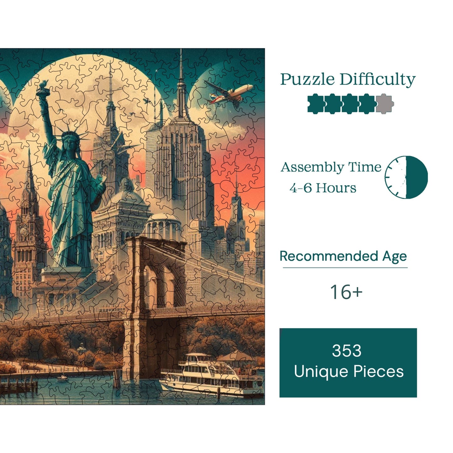 Holzpuzzle für Erwachsene, Kultige New York Premium Puzzles, 353 Teile anspruchsvolles Holzpuzzle, 11,4"x11,4" (29x29 cm) einzigartige Form, Holzpuzzles für Erwachsene