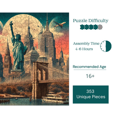 Holzpuzzle für Erwachsene, Kultige New York Premium Puzzles, 353 Teile anspruchsvolles Holzpuzzle, 11,4"x11,4" (29x29 cm) einzigartige Form, Holzpuzzles für Erwachsene
