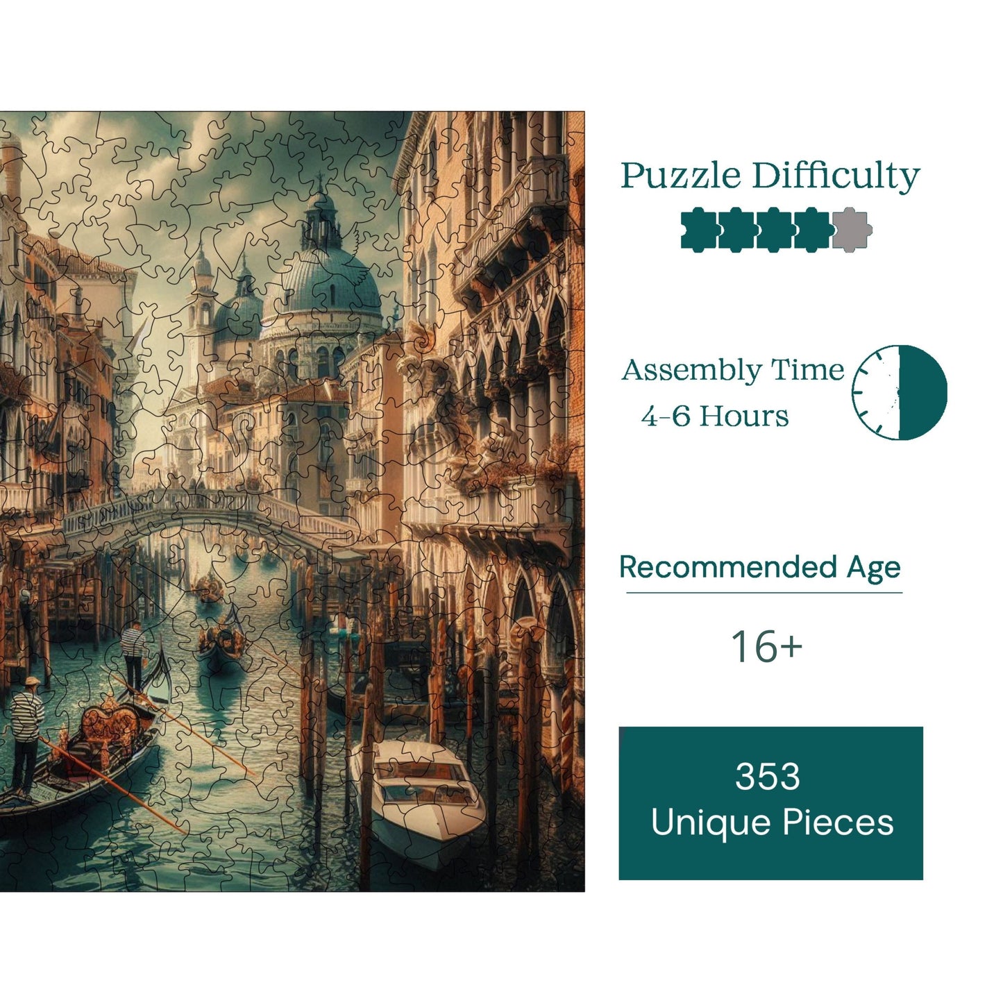 Holzpuzzle für Erwachsene, Abend in Venedig, Premium-Puzzle, 353 Teile, anspruchsvolles Holzpuzzle, 11,4"x11,4" (29 x 29 cm), einzigartige Form, Holzpuzzle für Erwachsene