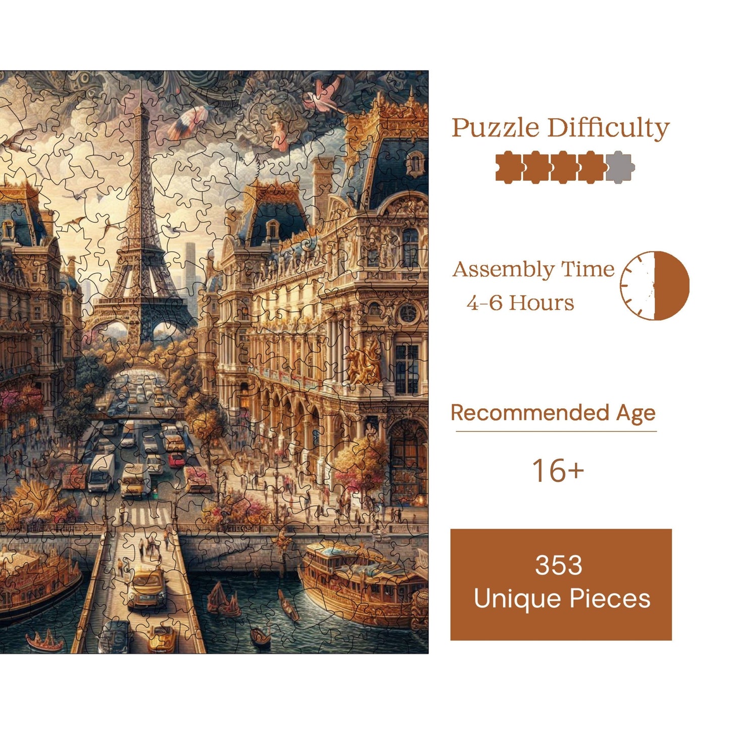 Holzpuzzle für Erwachsene, Märchenstadt Paris, Premium-Puzzle, 353 Teile, anspruchsvolles Holzpuzzle, 29 x 29 cm, einzigartige Form, Holzpuzzle für Erwachsene