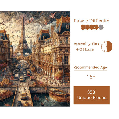 Holzpuzzle für Erwachsene, Märchenstadt Paris, Premium-Puzzle, 353 Teile, anspruchsvolles Holzpuzzle, 29 x 29 cm, einzigartige Form, Holzpuzzle für Erwachsene