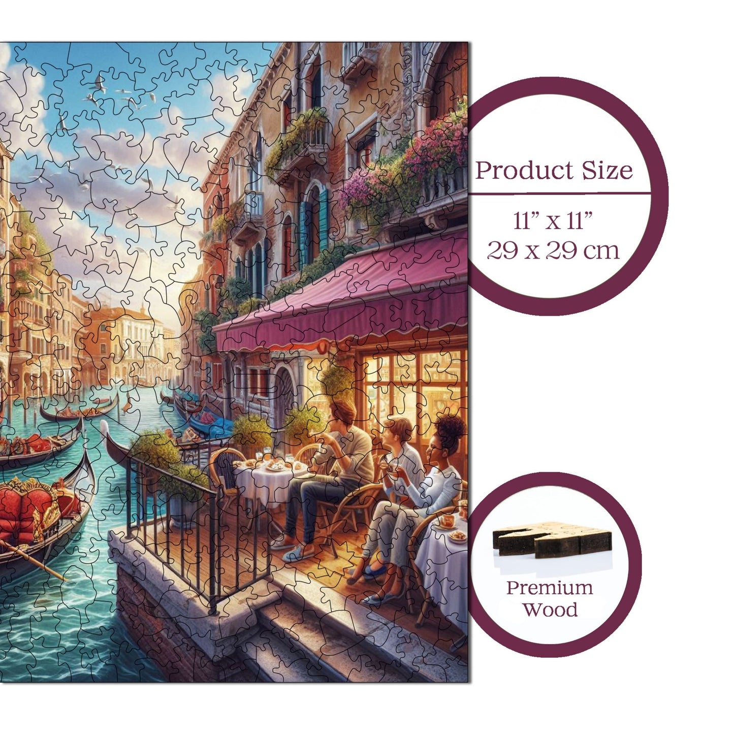 Holzpuzzle für Erwachsene, Nachmittag in Venedig Premium-Puzzle, 353 Teile anspruchsvolles Holzpuzzle, 11,4"x11,4" (29x29 cm) einzigartige Form, Holzpuzzle für Erwachsene