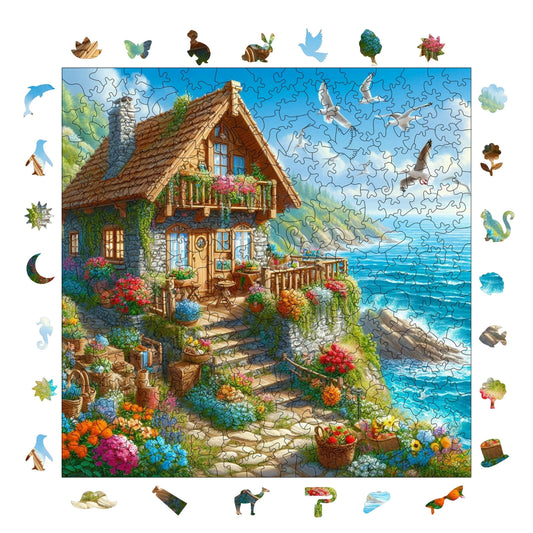 Yetişkinler İçin Ahşap Puzzle, Deniz Kenarında Kır Evi Premium Puzzle, 353 Parça Zorlu Ahşap Yapboz, 11,4"x11,4" (29x29 cm) Benzersiz Şekil, Yetişkinler İçin Ahşap Yapbozlar