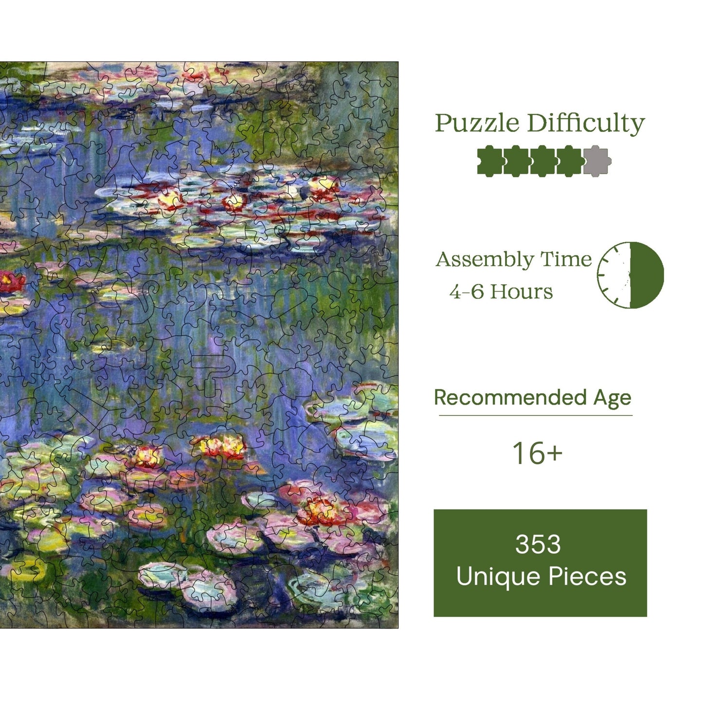 Yetişkinler İçin Ahşap Puzzle, Claude Monet Nilüferler Premium Puzzle, 353 Parça Zorlu Ahşap Yapboz, 11,4"x11,4" (29x29 cm) Benzersiz Şekil, Yetişkinler İçin Ahşap Yapbozlar