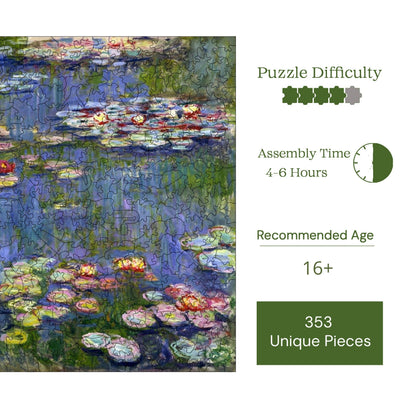 Yetişkinler İçin Ahşap Puzzle, Claude Monet Nilüferler Premium Puzzle, 353 Parça Zorlu Ahşap Yapboz, 11,4"x11,4" (29x29 cm) Benzersiz Şekil, Yetişkinler İçin Ahşap Yapbozlar