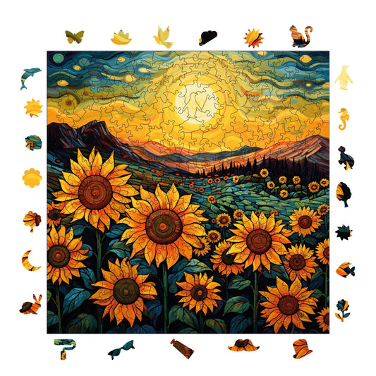 Yetişkinler İçin Ahşap Puzzle, Günebakan Tarlasında Akşamüstü Premium Puzzle, 353 Parça Zorlu Ahşap Yapboz, 11,4"x11,4" (29x29 cm) Benzersiz Şekil, Yetişkinler İçin Ahşap Yapbozlar
