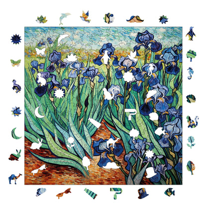 Holzpuzzle für Erwachsene, Reproduktion von Van Goghs Schwertlilien, Premium-Puzzle, 353 Teile, anspruchsvolles Holzpuzzle, 29 x 29 cm, einzigartige Form, Holzpuzzle für Erwachsene