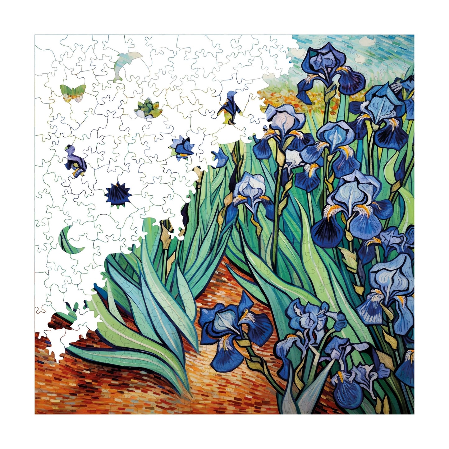 Holzpuzzle für Erwachsene, Reproduktion von Van Goghs Schwertlilien, Premium-Puzzle, 353 Teile, anspruchsvolles Holzpuzzle, 29 x 29 cm, einzigartige Form, Holzpuzzle für Erwachsene