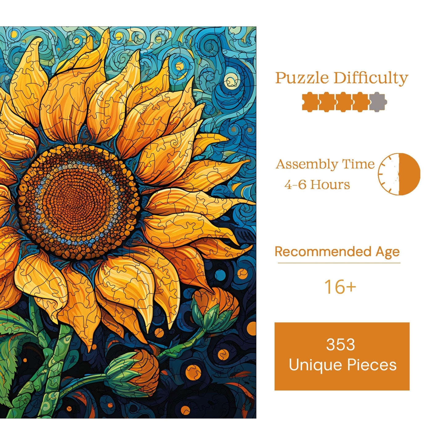Holzpuzzle für Erwachsene, Sonnenblumen-Premium-Puzzle, 353 Teile, anspruchsvolles Holzpuzzle, 11,4"x11,4" (29 x 29 cm), einzigartige Form, Holzpuzzle für Erwachsene