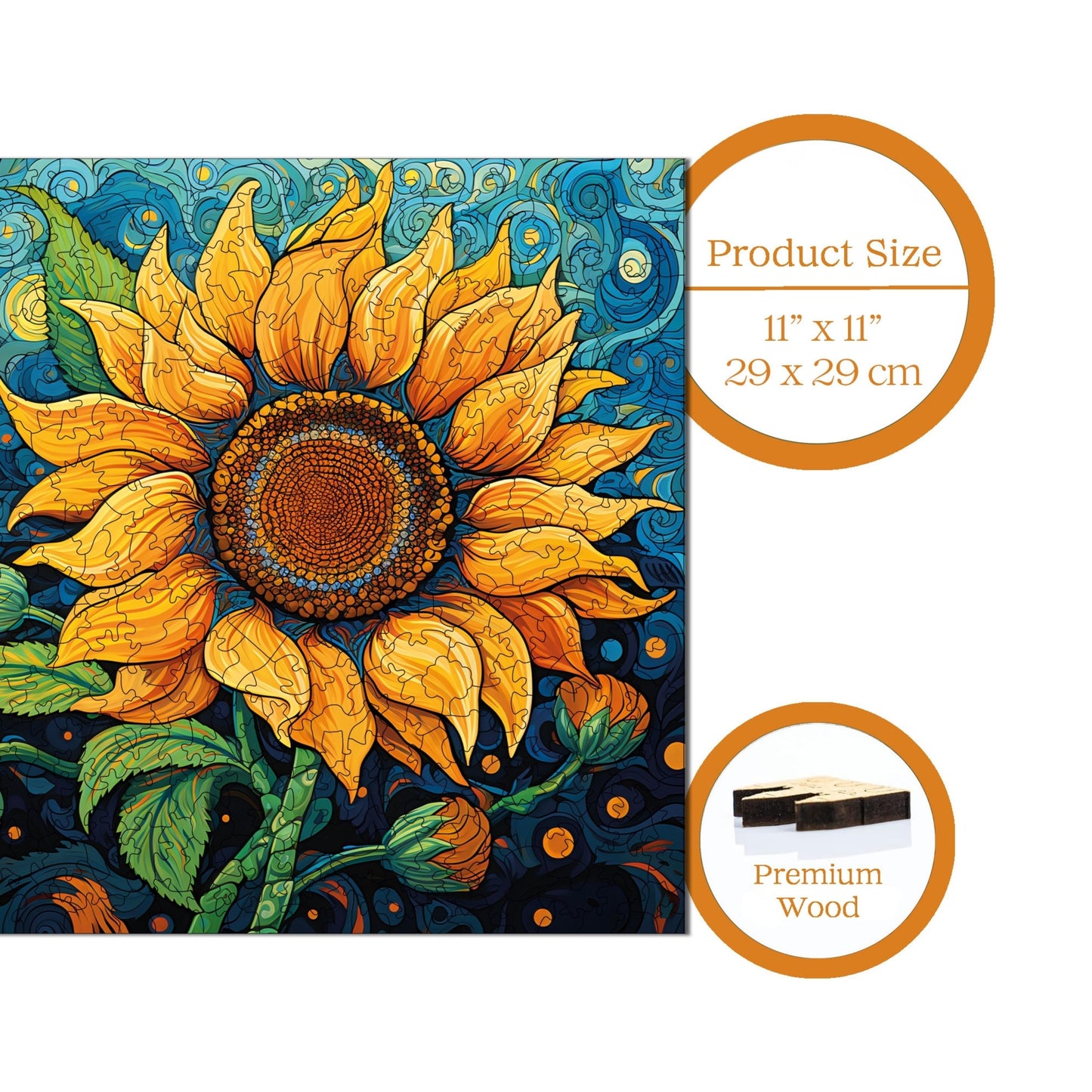 Holzpuzzle für Erwachsene, Sonnenblumen-Premium-Puzzle, 353 Teile, anspruchsvolles Holzpuzzle, 11,4"x11,4" (29 x 29 cm), einzigartige Form, Holzpuzzle für Erwachsene