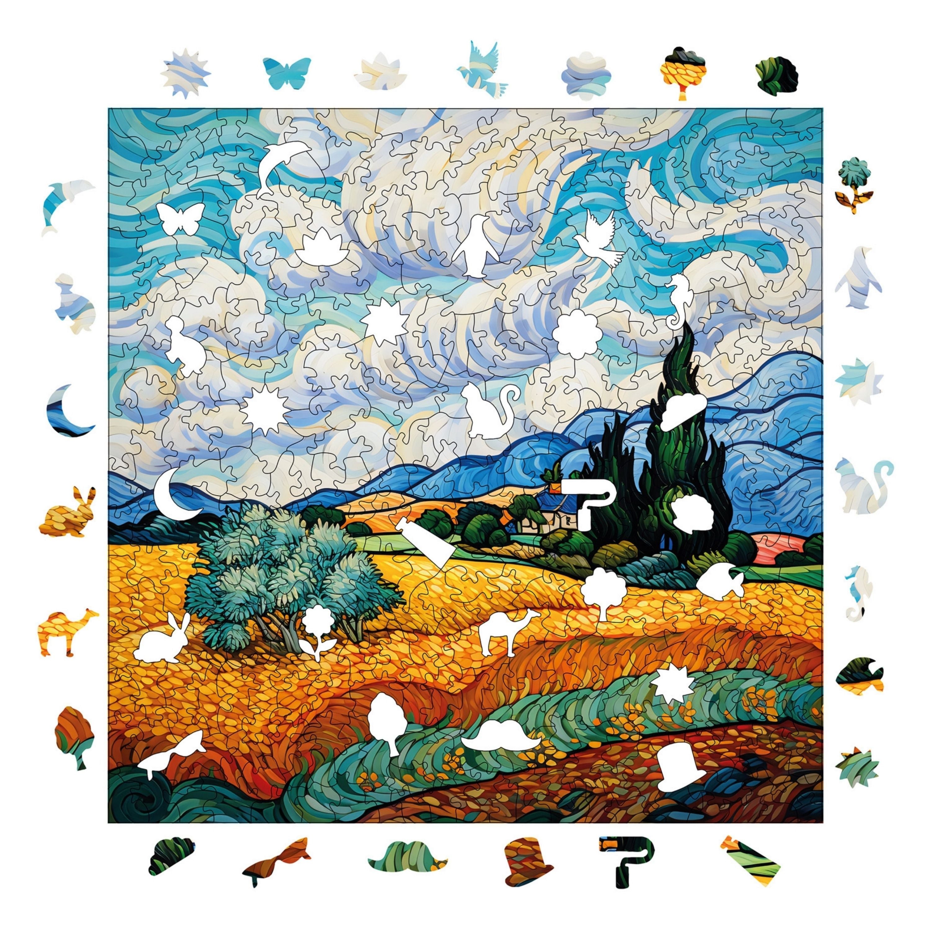Van Gogh “Selvi Ağaçlı Buğday Tarlası” Reprodüksiyonu - Ahşap Puzzle