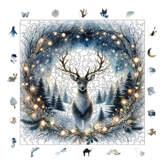 Yetişkinler İçin Ahşap Puzzle, Gümüş Ayın Altındaki Geyik Premium Puzzle, 353 Parça Zorlu Ahşap Yapboz, 11,4"x11,4" (29x29 cm) Benzersiz Şekil, Yetişkinler İçin Ahşap Yapbozlar