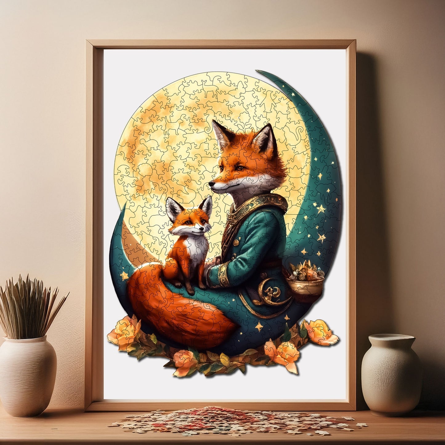 Holzpuzzle für Erwachsene, Tanz des Fuchses und des Mondes, Premium-Puzzle, 320 Teile, anspruchsvolles Holzpuzzle, 11,4"x15" (29x38 cm), einzigartige Form, Holzpuzzle für Erwachsene