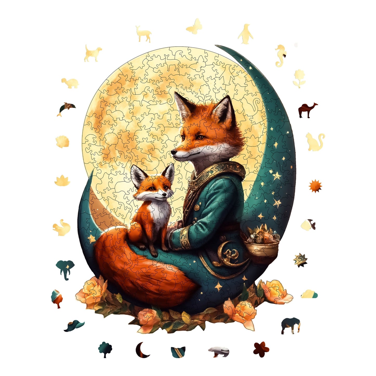 Holzpuzzle für Erwachsene, Tanz des Fuchses und des Mondes, Premium-Puzzle, 320 Teile, anspruchsvolles Holzpuzzle, 11,4"x15" (29x38 cm), einzigartige Form, Holzpuzzle für Erwachsene