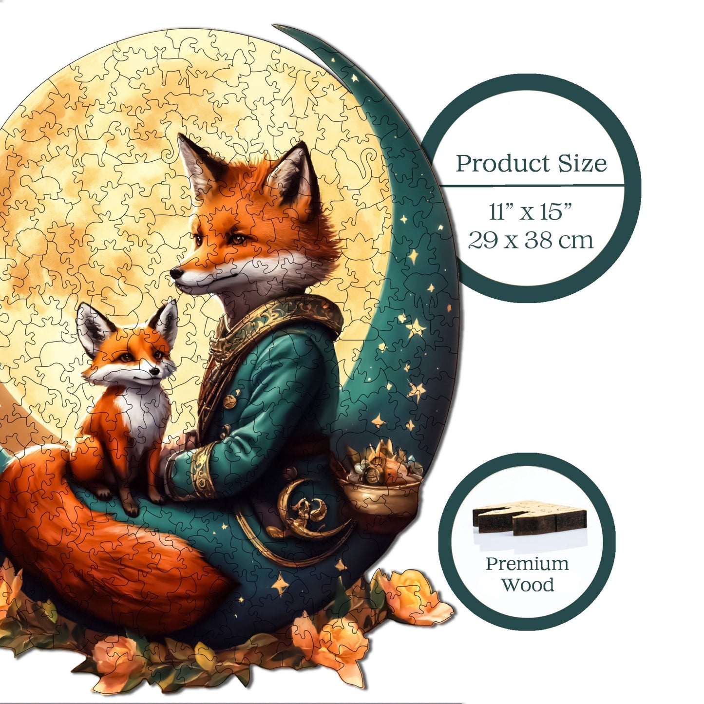 Holzpuzzle für Erwachsene, Tanz des Fuchses und des Mondes, Premium-Puzzle, 320 Teile, anspruchsvolles Holzpuzzle, 11,4"x15" (29x38 cm), einzigartige Form, Holzpuzzle für Erwachsene